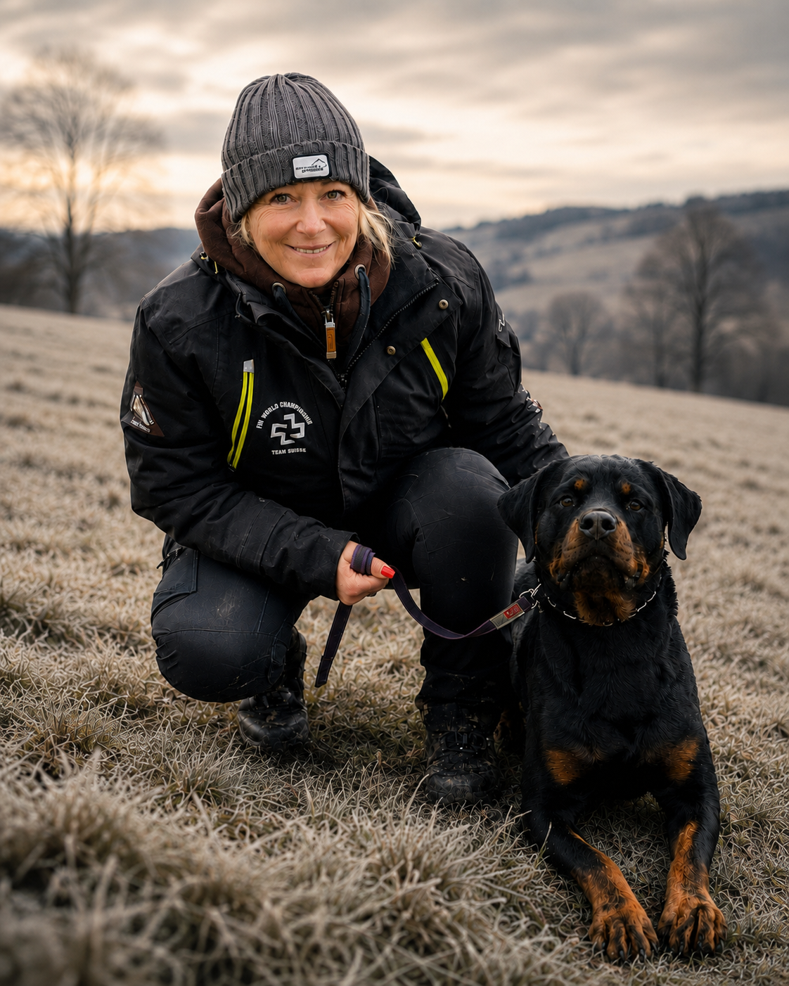 Claudia mit ihrem Rottweiler Thor im Feld