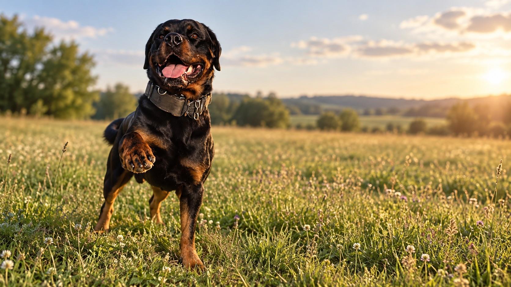 Rottweiler steht aufmerksam mit erhobener Pfote auf einer Blumenwiese im Abendlicht
