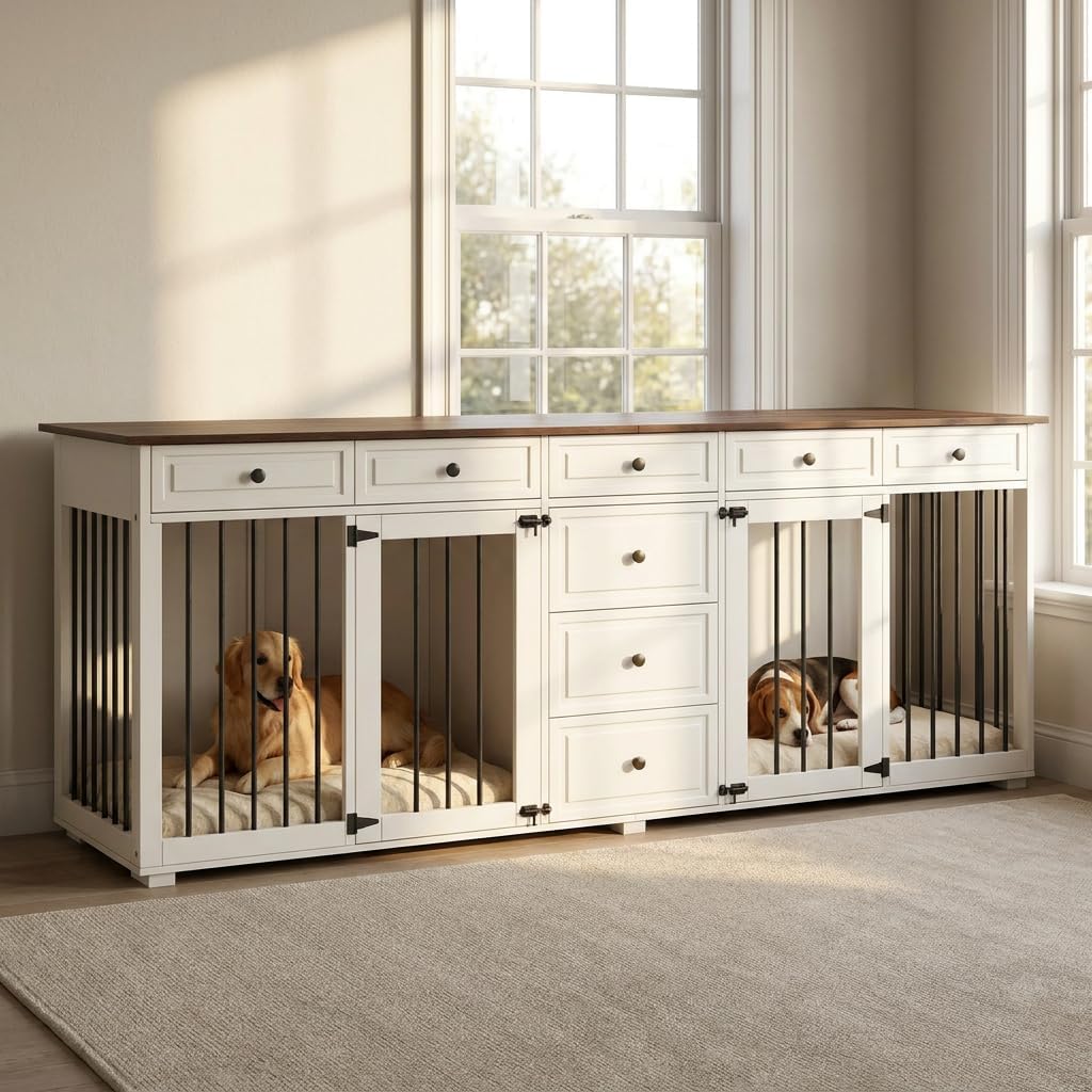 Helles Hundebox-Möbel mit zwei Ruhebereichen und acht Schubladen